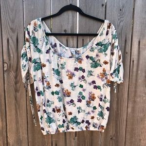 Cream top with teal and purple flowers
